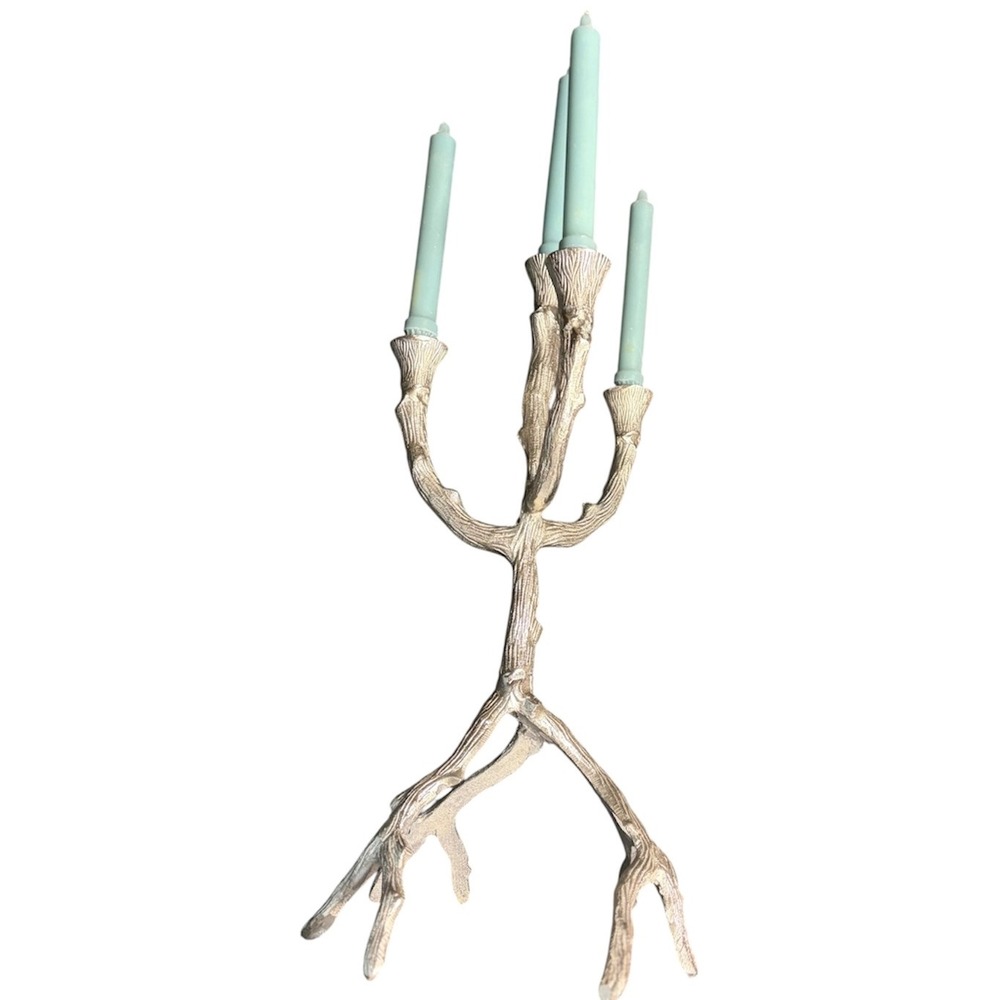 Crate & Barrel Branch Cast Aluminum Silver Branch Candelabra 22" 3 Taper